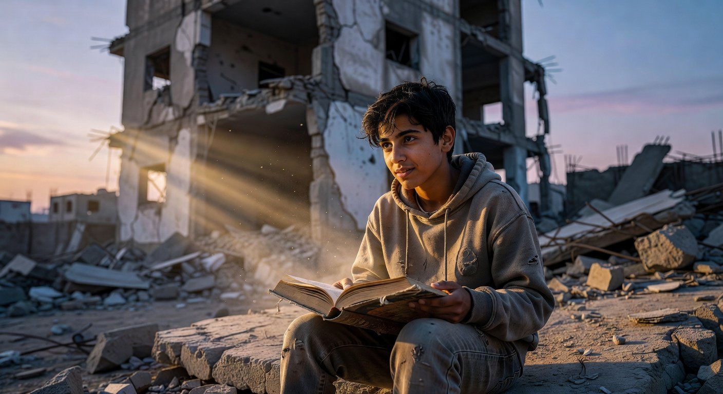 طالب يقرأ كتاباً أمام مبنى متضرر في غزة