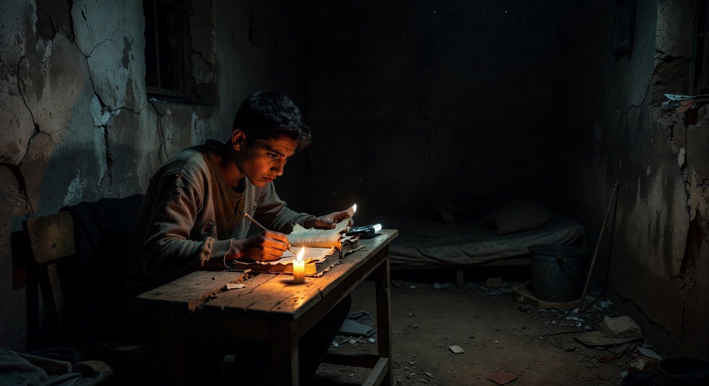 طالب يدرس على ضوء شمعة في غرفة معتمة