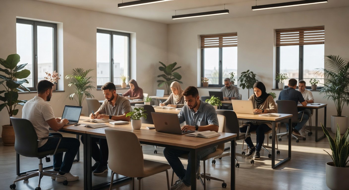 طلاب يعملون معاً في مساحة دراسية مشتركة مضاءة